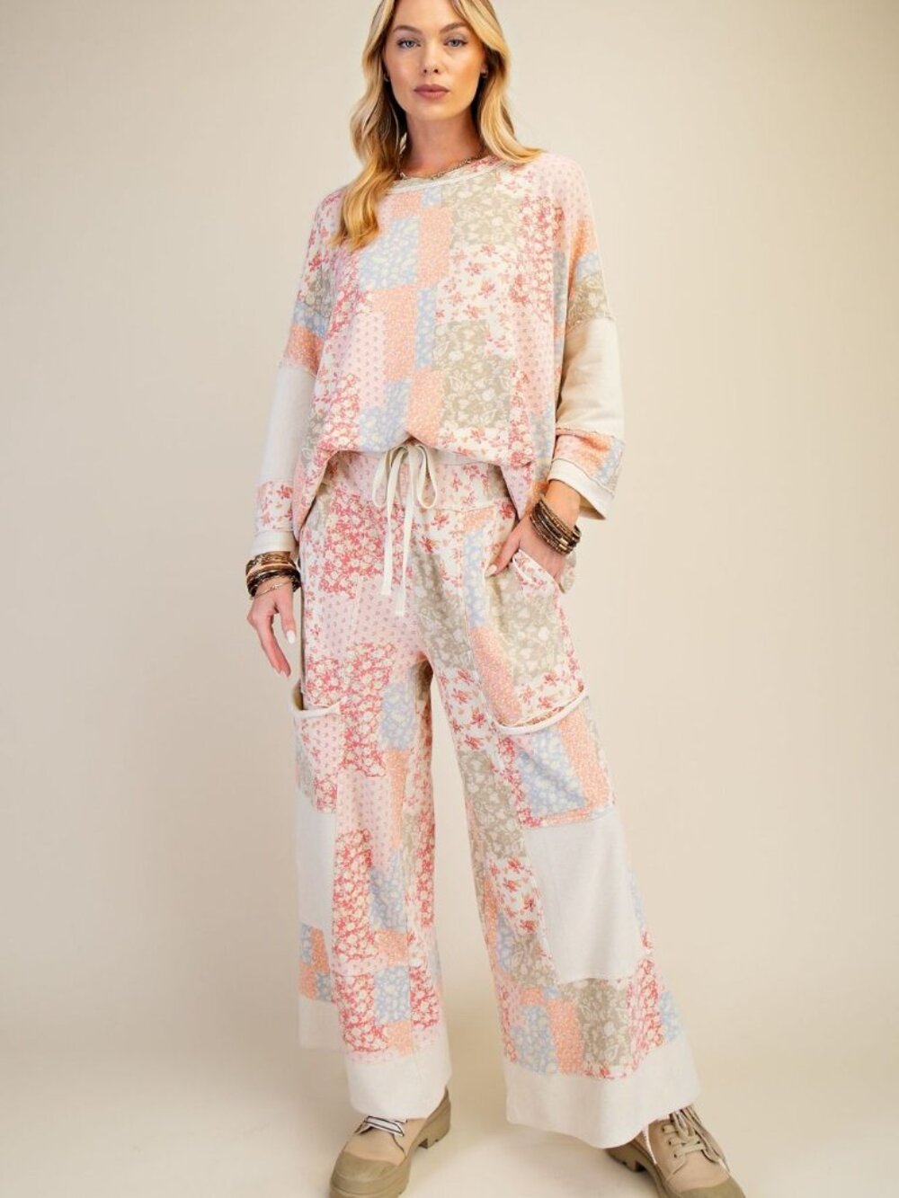 EASEL PATCHWORK PRINT MIX WASHED PULLOVER AND PANTS SET 100% COTTON
